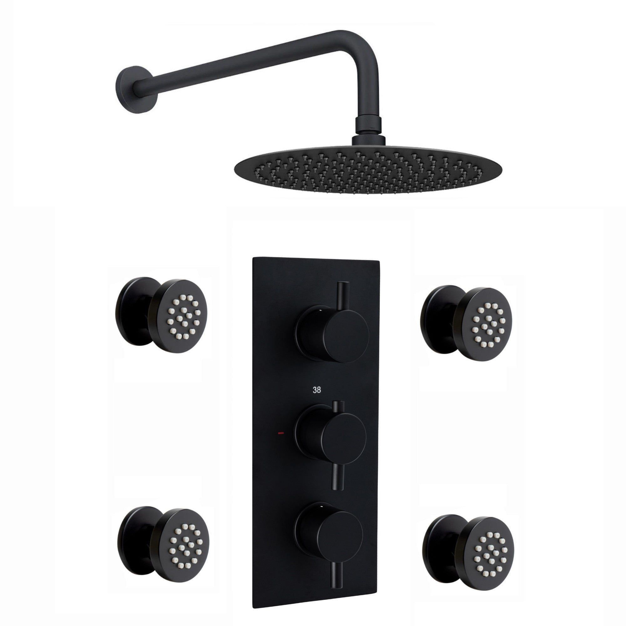 Venice Contemporary Round Concealed Thermostatic Shower Set Incl. Triple Valve, Wall Fixed 8" Shower Head, 4 Spa Body Jets - Black (2 Outlet)